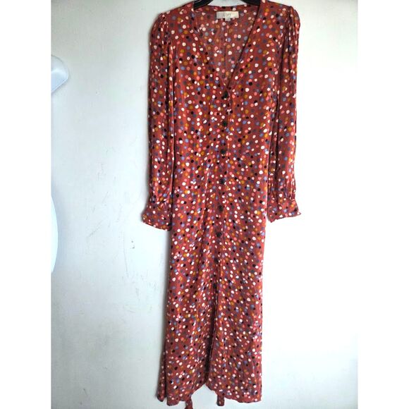 Ann Taylor Loft Red Brown Polka Dot Button Front Tie Waist Midi Dress size 8 - Picture 1 of 9